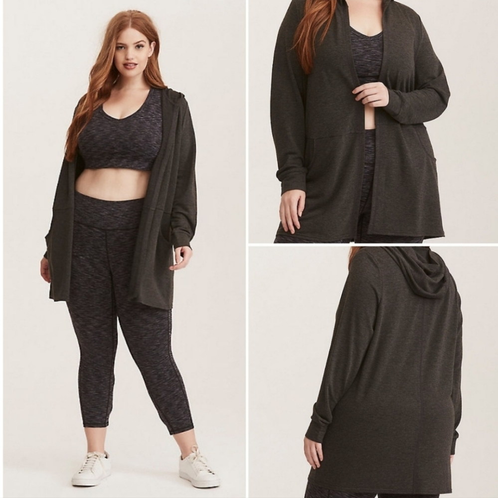 Torrid Athletic Gray Hooded Open Front Athkesiure Cardigan with Pockets 0X / XL
